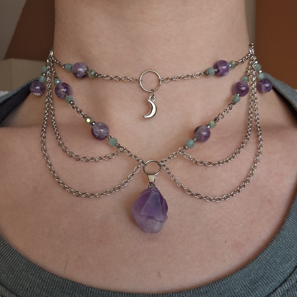 Silver Amethyst Moon Choker Necklace